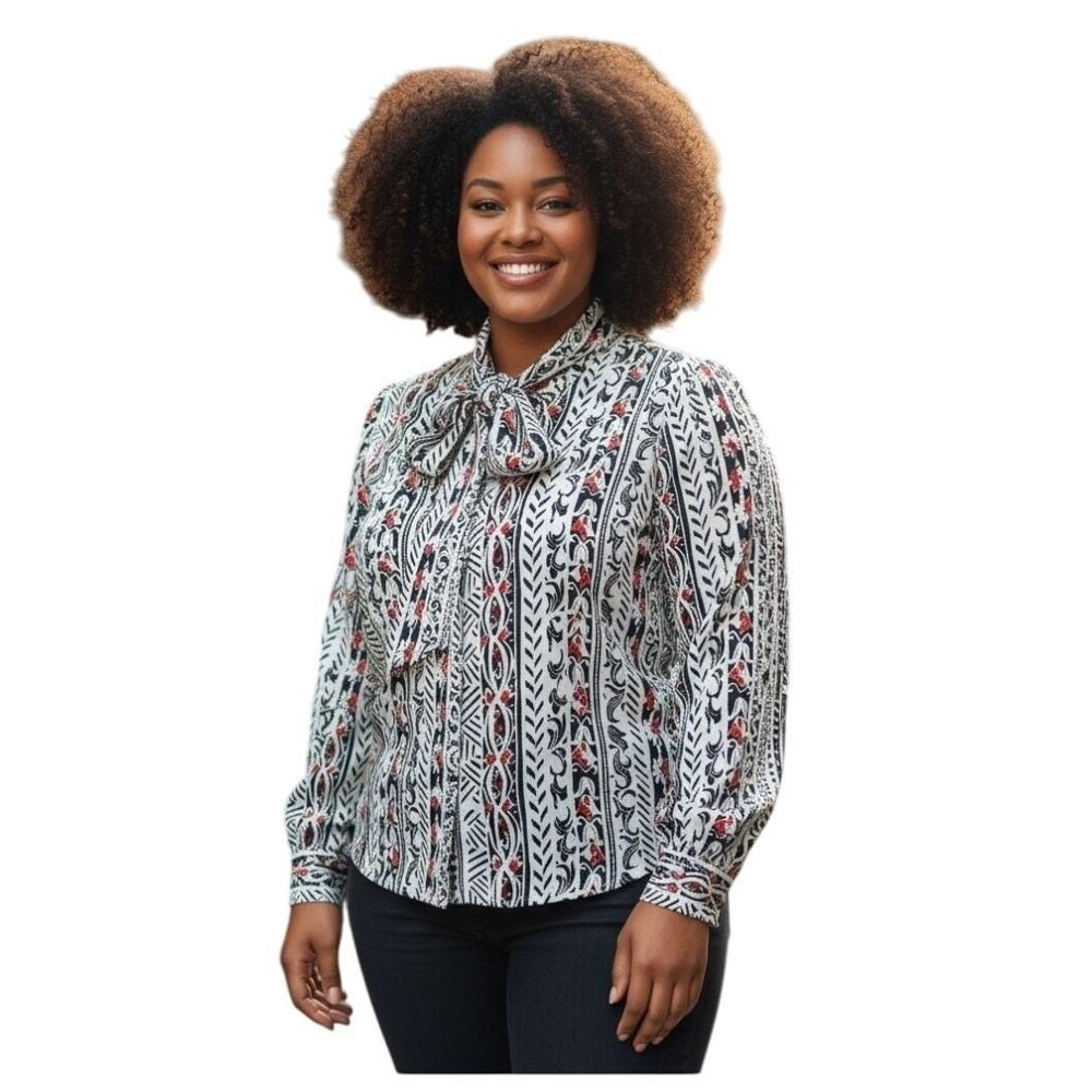 Vintage 80s Alfred Dunner Floral Bow‎ Neck Blouse Long Sleeve Career Top Size 18